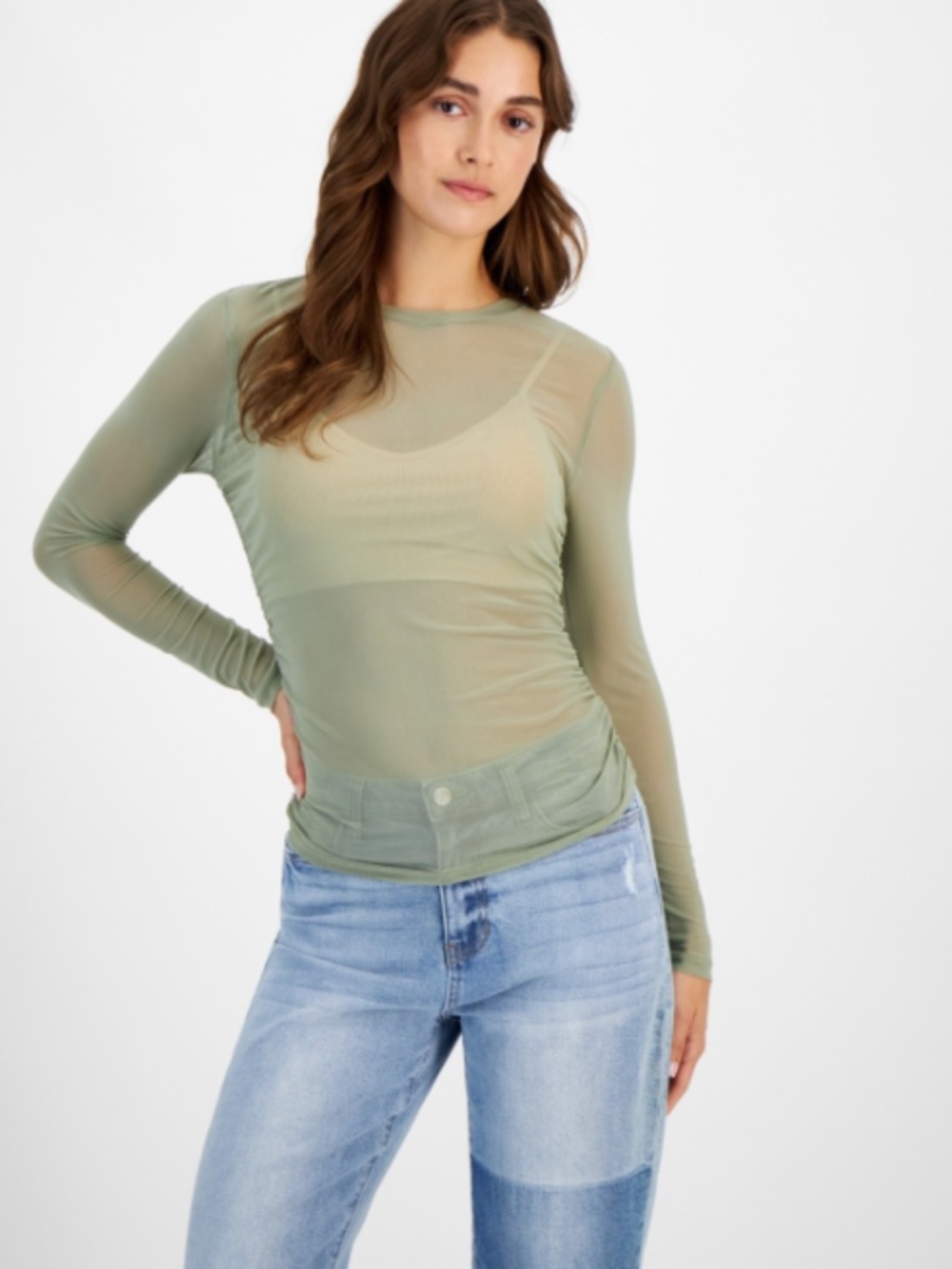Just Polly Juniors' Side-Ruched Long-Sleeve Mesh Top - Tea SIZE S NWT